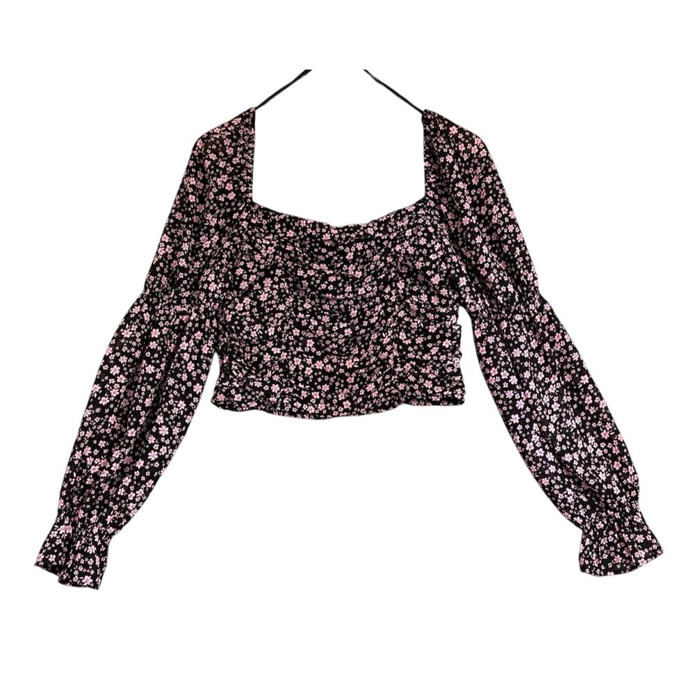 H&M Crop Blouse Medium Dark Floral Square Neck Bishop Sleeve Ditsy Whimsigoth